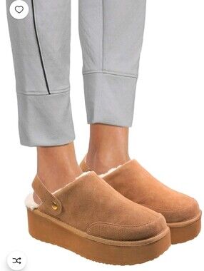 Cozy Platform Shearling-Lined Mules in Chestnut